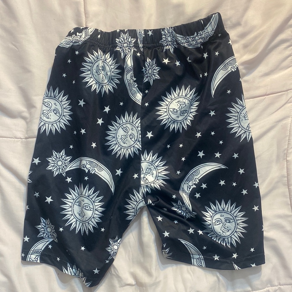 Shein biker shorts with sun and moon print, black and white, size small